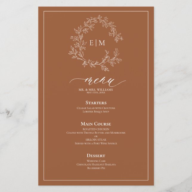 Terracotta Poitrine feuillus Monogram Menu Mariage (Devant)