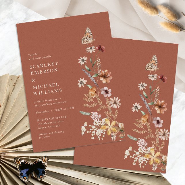 Terracotta Rustic Boho Wedding Invitations (Terracotta Rustic Boho Floral Wedding Invitations with Butterfly by Painted Paperie
)