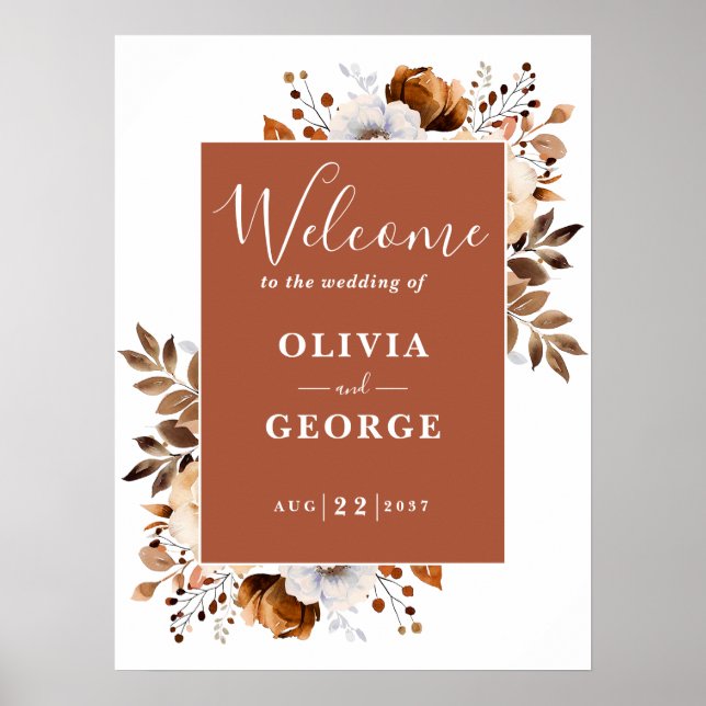 Terracotta Rustic Floral Mariage Affiche de bienve (Devant)