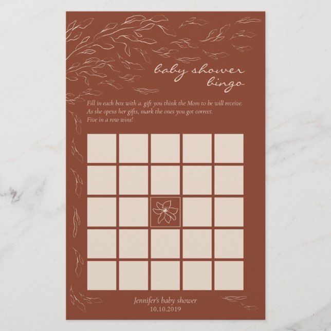 Terracotta Simple Baby shower Bingo Jeu (Devant)