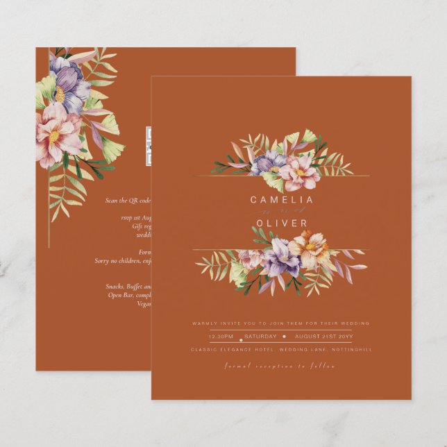 Terracotta Summer Floral Wedding Inviter QR Code (Devant / Derrière)