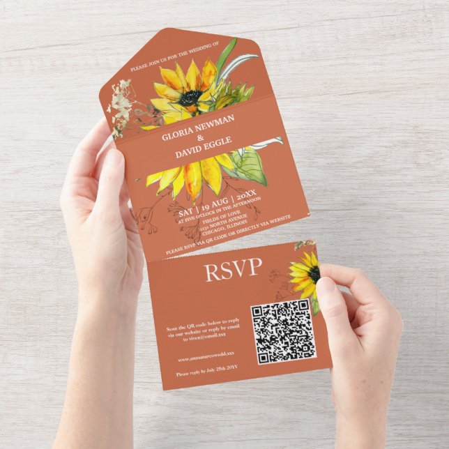 Terracotta Sunflower QR Code Tout en un Invitation (Déchirure)