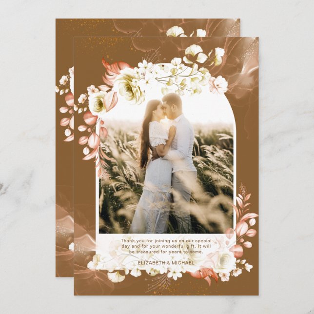 Terre Brown Corail Floral moderne PHOTO MERCI (Devant / Derrière)