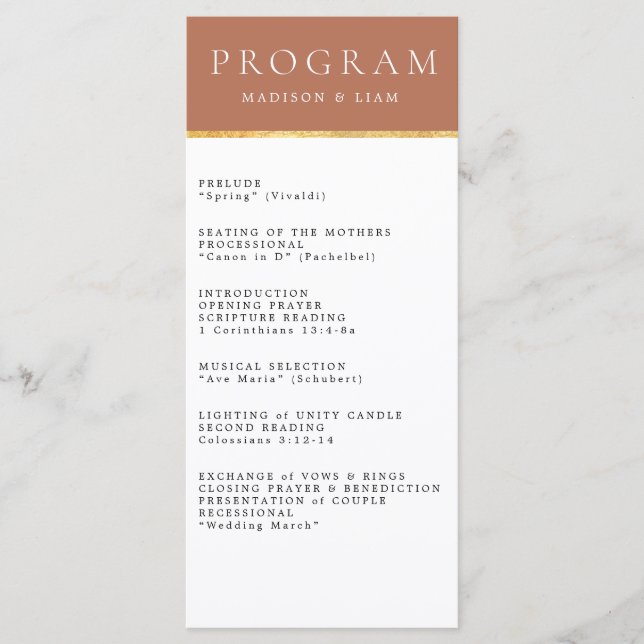 Terrecotta Gold foil Wedding Programme (Devant)