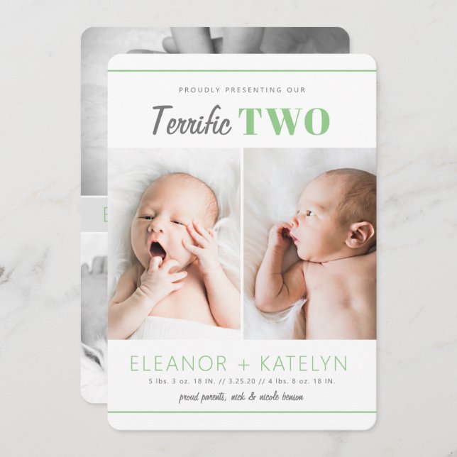 Terrible 2 Twins Faire-part de naissance Green (Devant / Derrière)