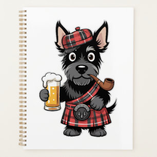 Terrier écossais en kilt tartan avec bière et pipe