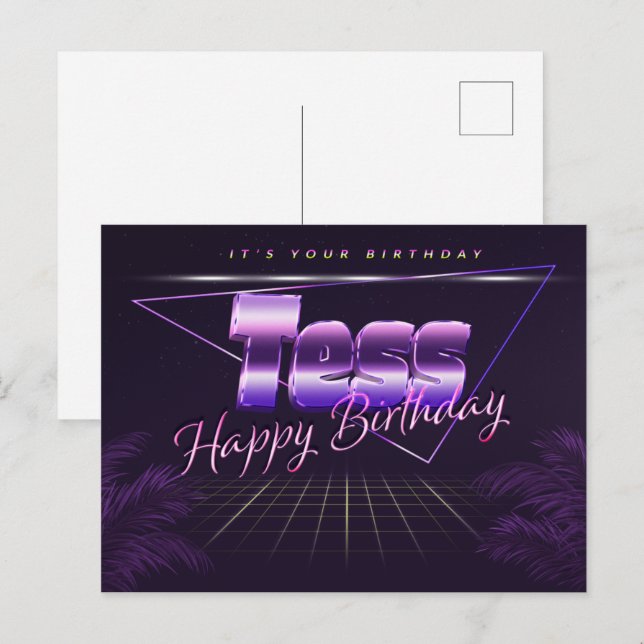 Tess prénom nom carte postale violette anniversair (Devant / Derrière)