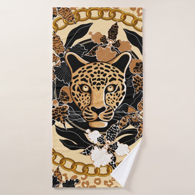 tête de léopard entourée d'orchidées, chaîne d'or (Serviette de bain)