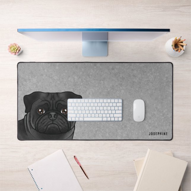 Tête de Pug noir dessin animé chien avec nom perso (Bureau 1)