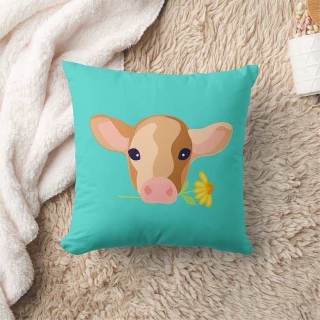 Tête de Veau Mignonne avec Fleurs - Coussin Animal (Couverture)