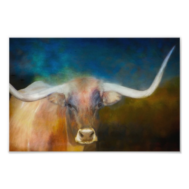 Texas Longhorn photo de vache bleu et rouille (Devant)