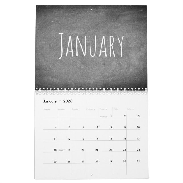 Texte 2019 noir et blanc de calendrier de tableau (Jan 2026)
