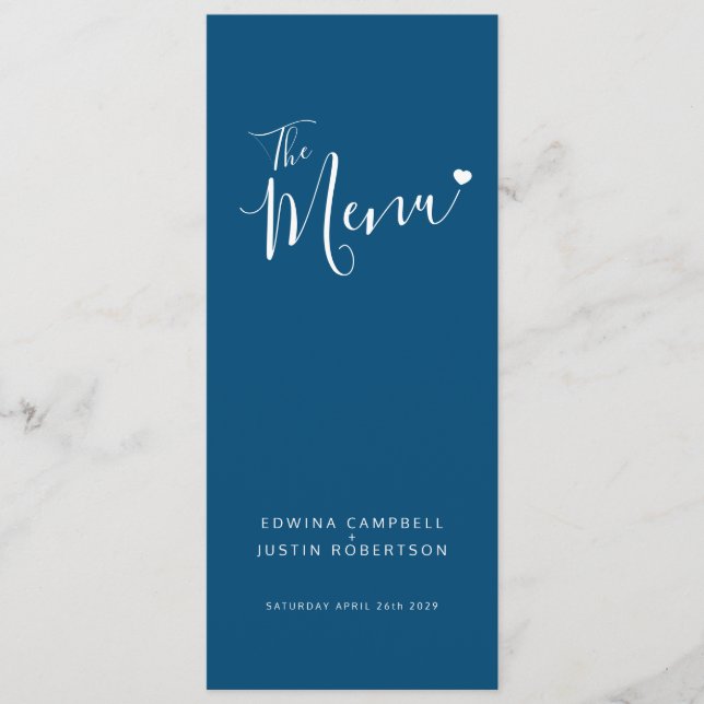 Texte bleu moderne blanc coeur simple menu mariage (Devant)