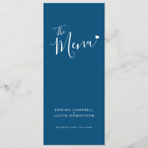 Texte bleu moderne blanc coeur simple menu mariage