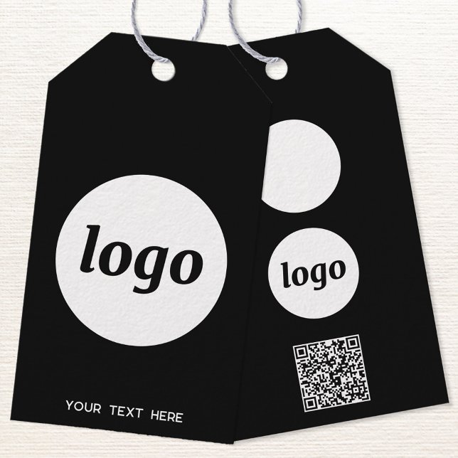 Texte de code QR Logo Entreprise Produit Étiquette (Logo with QR code and custom text business promotional black product or price tags)