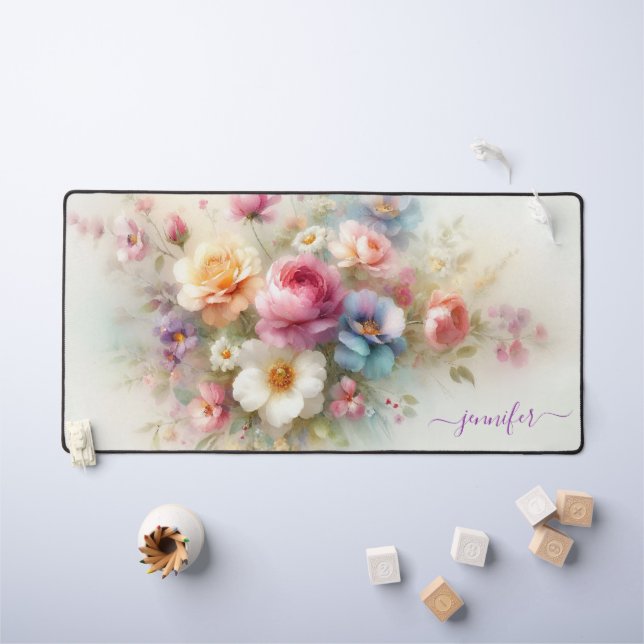 Texte de nom personnalisé Fleurs aquarelle à l'aqu (Tableau pour enfants)