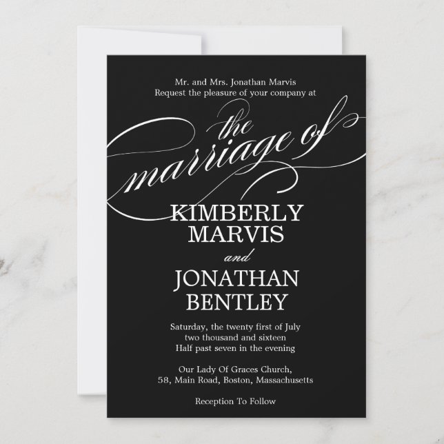 Texte fleuri Vintage Wedding Invitation en noir (Devant)