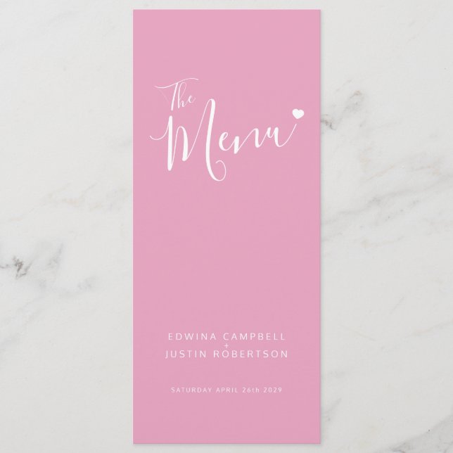 Texte rose moderne coeur blanc simple menu mariage (Devant)