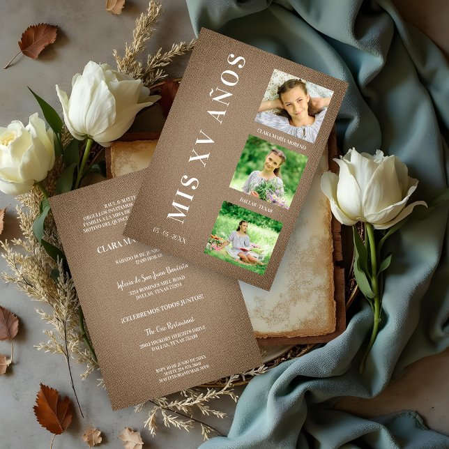 Textile Brun Rustique Quinceañera avec 3 Photos (Rustic Brown Quinceañera Invitation with Fabric Texture & 3 Custom Photos Invitations Cards. )