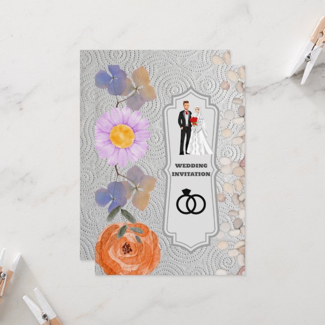 Texture grise Floral Faire-part de mariage islamiq (Devant/Arrière en situation)