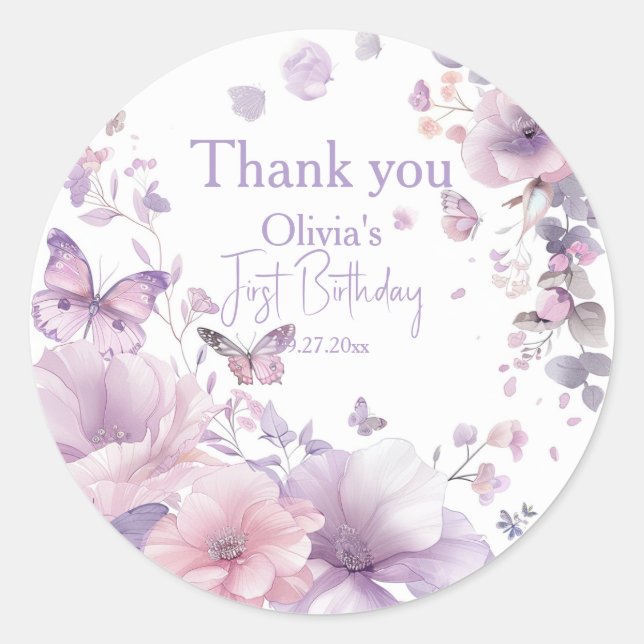 Thank You Sticker Label | Lilac Butterfly Watercol (Devant)