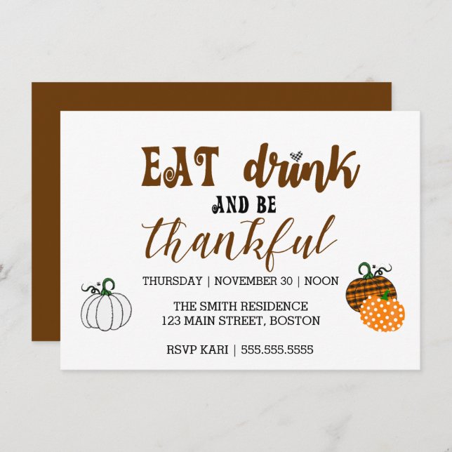 Thanksgiving Eat Drink Et Carte De Soirée De Remer (Devant / Derrière)
