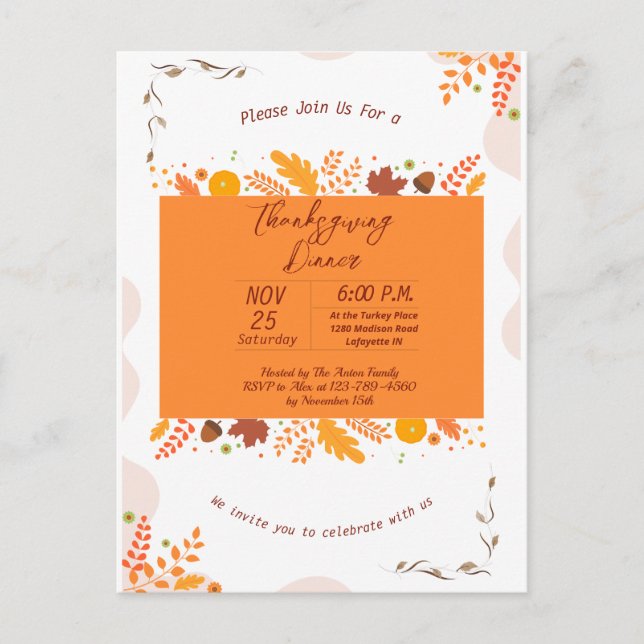 Thanksgiving Fall Feuilles Dîner Invitation (Devant)