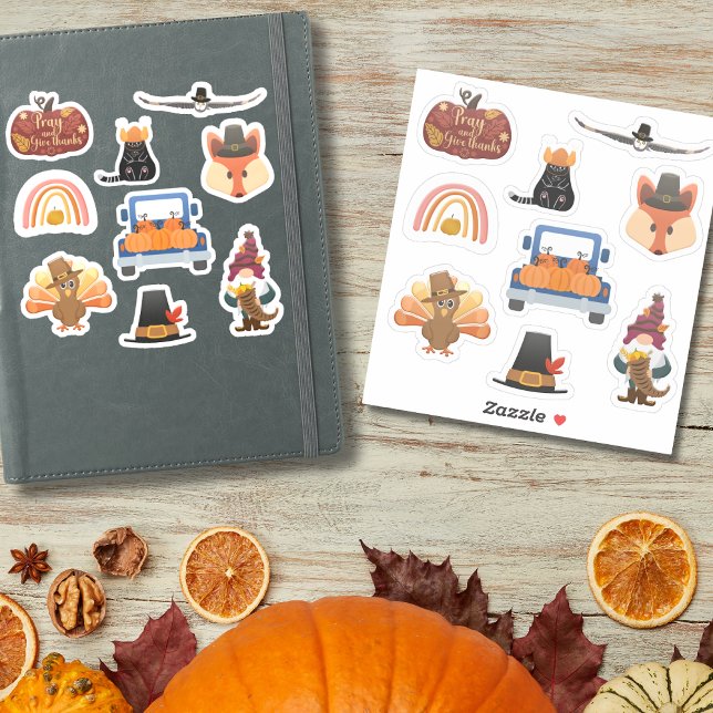 Thanksgiving pack 1 avec 9 modèles- autocollants (Thanksgiving Pumpkins, Turkey, Pilgrim Hat & Fall Sticker)