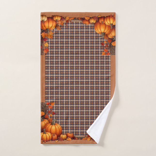 Thanksgiving Plaid avec frontière Citrouille (Serviette à main)