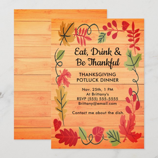 Thanksgiving Potluck Dîner Orange Wood Invitation (Devant / Derrière)