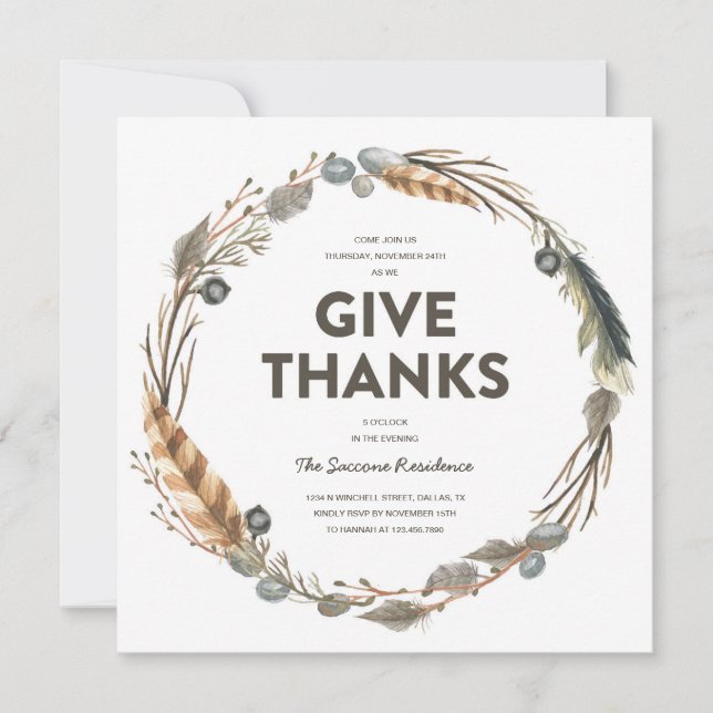 Thanksgiving Watercolor Wreath Diner Invitation (Devant)