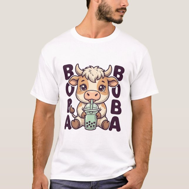 Thé aux perles de vache mignonne Design de T-Shirt (Devant)