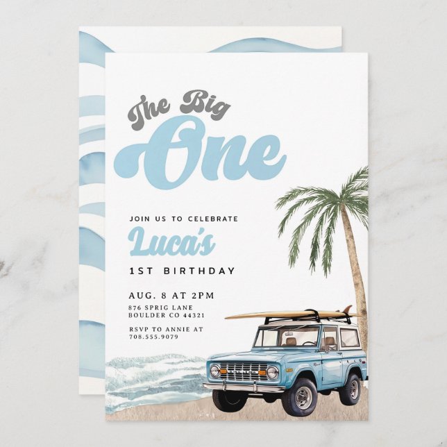 The Big One Birthday Invitation Boy First Birthday (Devant / Derrière)