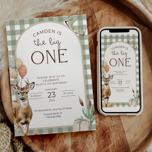 The Big One Deer Birthday Invitation Boys First  (Créateur téléchargé)
