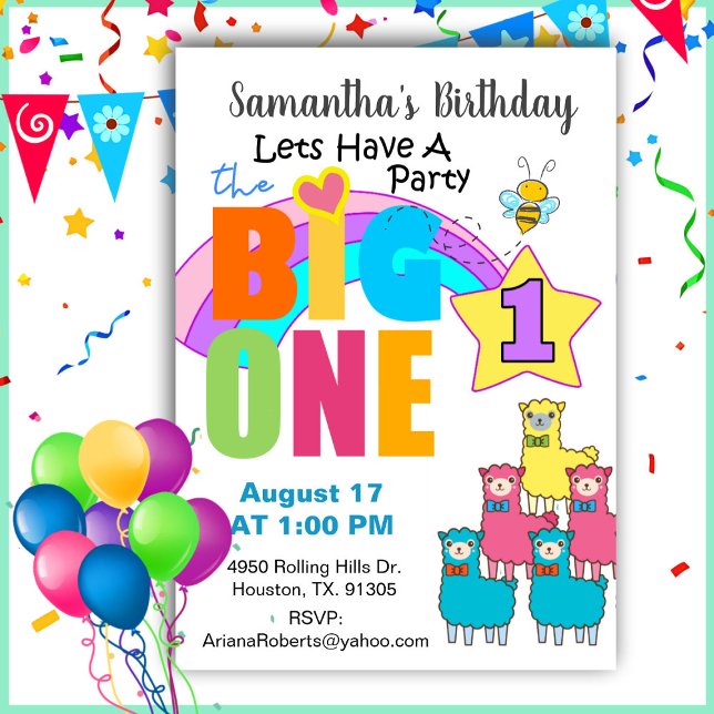 The Big One Llamas 1er anniversaire Invitation (Créateur téléchargé)