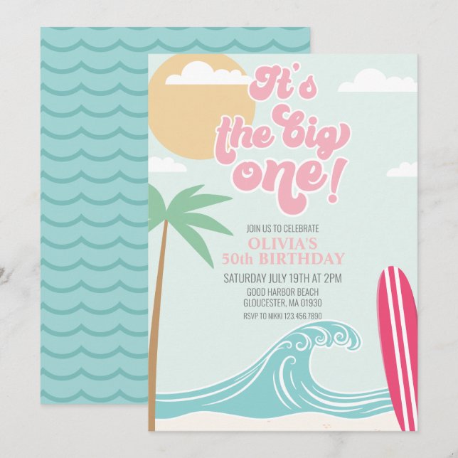 The Big One Pink Beach Birthday Invitation (Devant / Derrière)