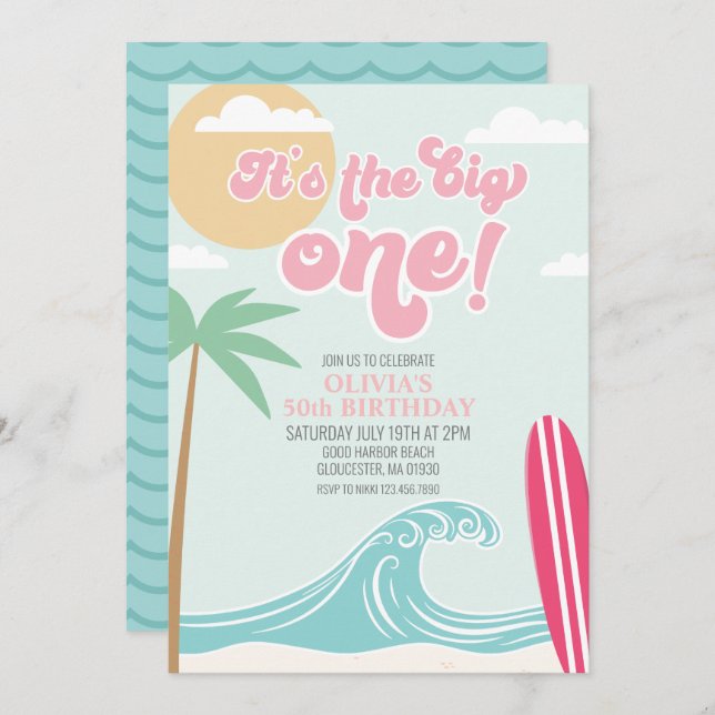 The Big One Pink Beach Birthday Invitation (Devant / Derrière)