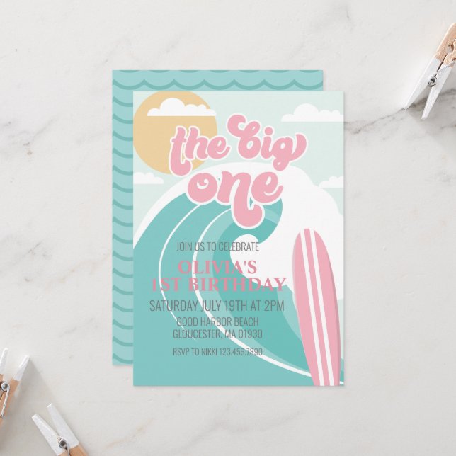 The Big One Pink Beach Birthday Invitation (Devant/Arrière en situation)