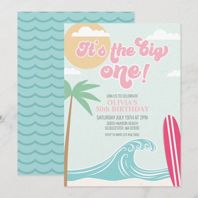 The Big One Pink Beach Birthday Invitation (Devant / Derrière)