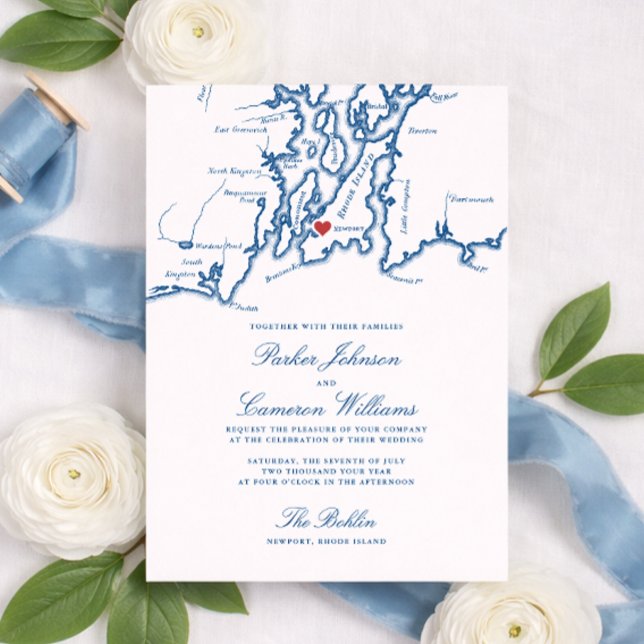 The Bohlin Wedding Invitation – Newport RI Map (The Bohlin Wedding Invitation Newport RI Wedding at  Newport Yachting Club by Coastal Map Designs)