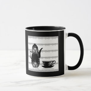Thé cafetière tasse noir blanc illustration rétro