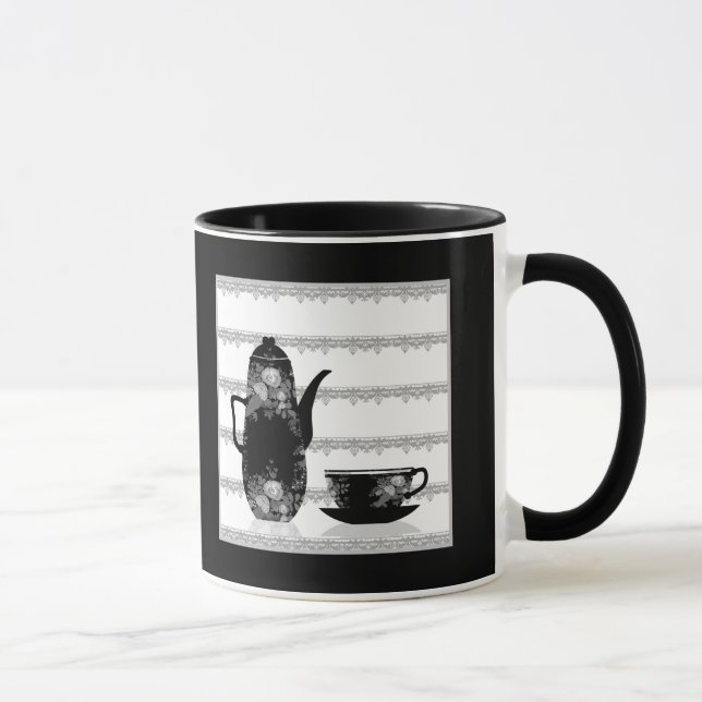 Thé cafetière tasse noir blanc illustration rétro (Droite)
