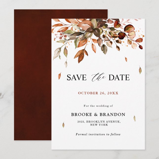 The Date Automne Feuilles Russe Pays Boho Mariage Save (Devant / Derrière)