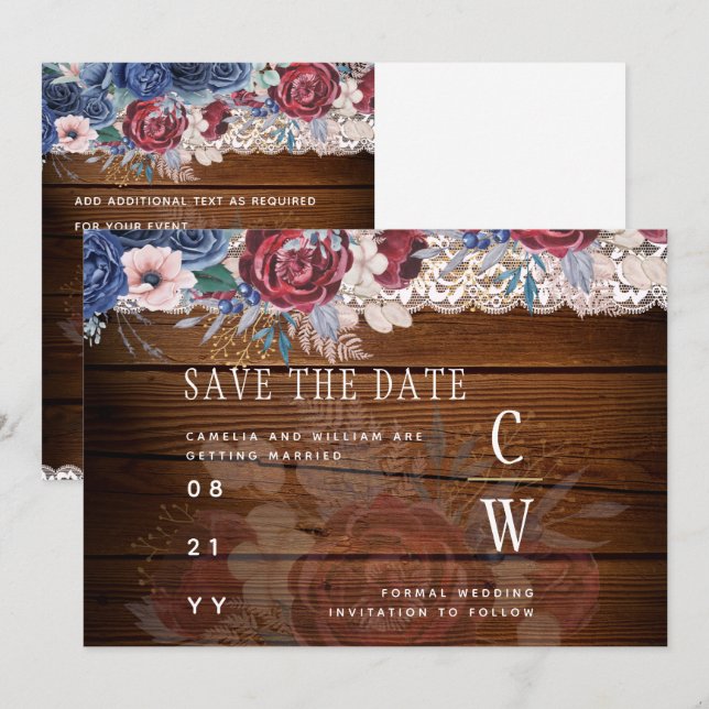 The Date Budget Burgundy Blue Floral dentelle Mariage SAVE  (Devant / Derrière)