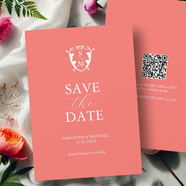 The Date Cartons d'invitation de mariage Bold Orange Save T (Save the date wedding invitations bold orange maximalist design with QR code and monogram)