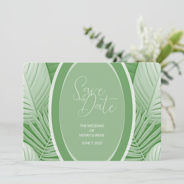 The Date Code QR de photo de mariage vert tropical, Save th (Debout devant)