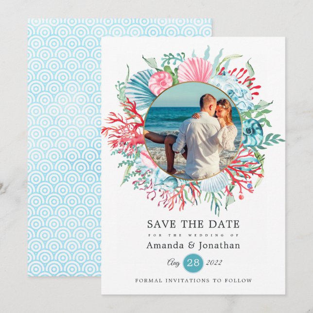 The Date Turquoise et Coral Summer Beach Wedding Photo Save (Devant / Derrière)