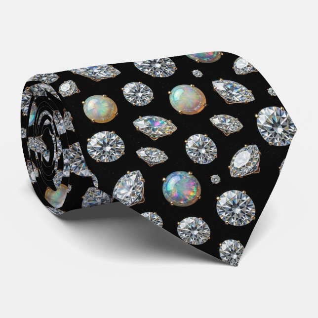 The Luxury Man | Cravate noire à diamants et opale (Roulé)