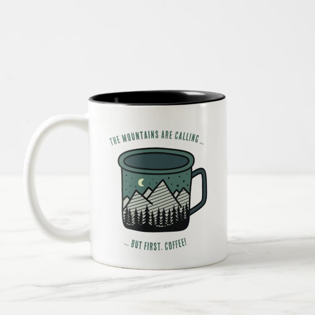 The Mountains are Calling But First Coffee Mug (Gauche)