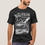 The Nautilus Alehouse T-Shirt<br><div class="desc">Where depths meet drafts! The Nautilus Alehouse, established 1870, celebrates Jules Verne's legendary submarine from "20, 000 Leagues Under the Sea" with Captain Nemo's incredible vessel surrounded by swirling tentacles, vintage diving helmets, and underwater ruins. With intricate Victorian steampunk detail and maritime ornamental flourishes, it's perfect for Jules Verne fans,...</div>